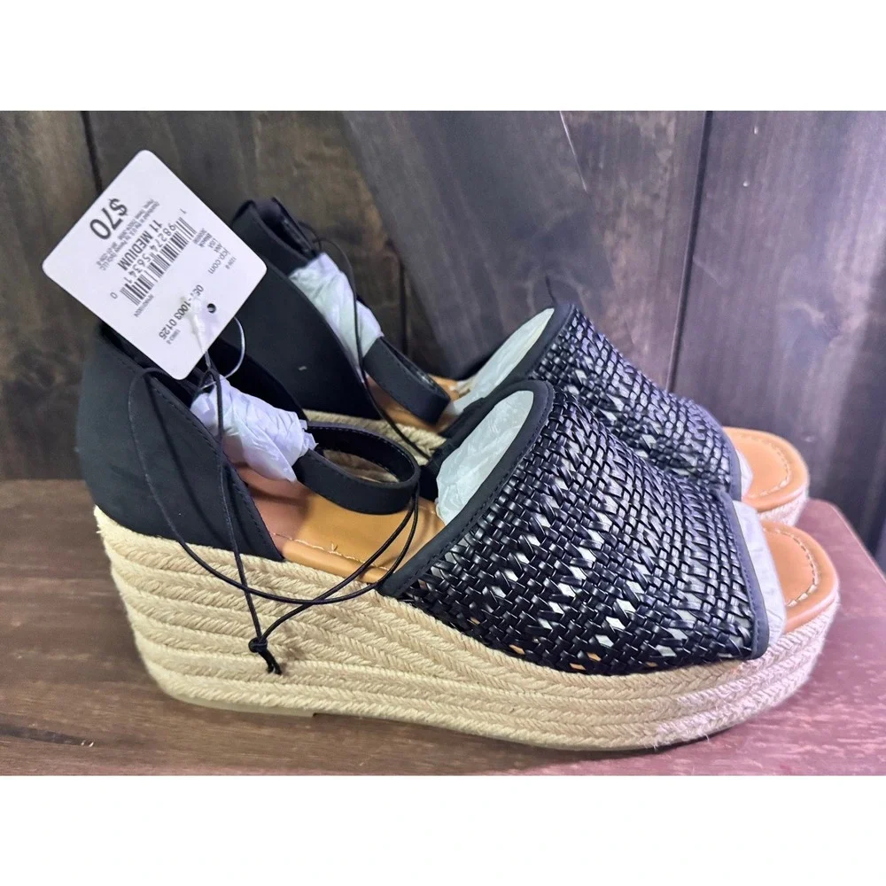 Boho Black Woven Espadrille Wedge Coastal Sandals Platform Ankle Strap Womens 11